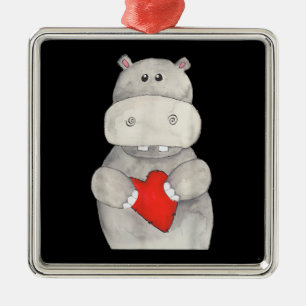 Ornement Carré Argenté Hippopotame mignon tenant le coeur Love Hippo