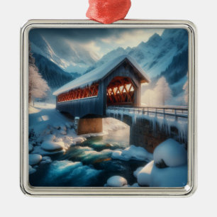 Ornement Carré Argenté Hiver, pont enneigé et rivière