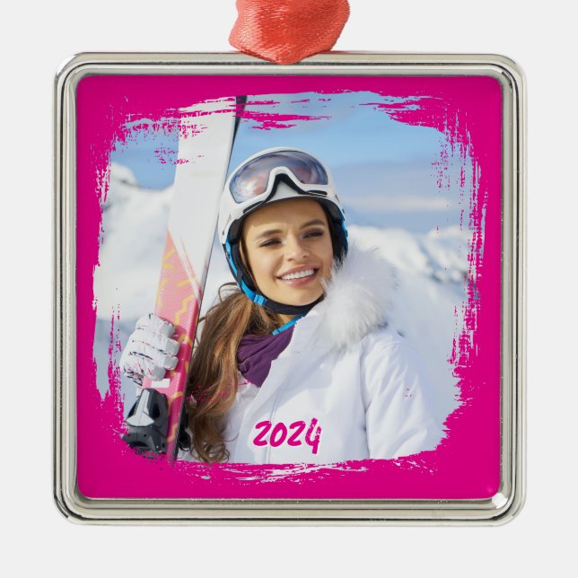 Ornement Carré Argenté Hot rose moderne Grunge Frontière Année photo (Devant)