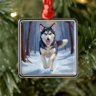 Ornement Carré Argenté Husky de Sibérie Peinture de chien en hiver