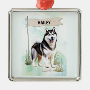 Ornement Carré Argenté Husky Sibérien Aquarelle Chien Personnalisé