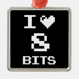 Ornement Carré Argenté I Love 8 Bits, gamer design geek