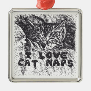 Ornement Carré Argenté I Love Cat Naps, chat dort