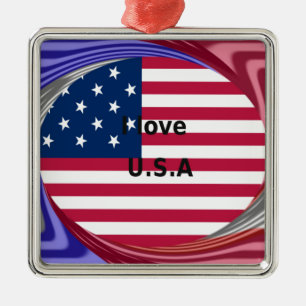 Ornement Carré Argenté I Love U.S.A. Swirl : Patriotic Heart Art Imprimer