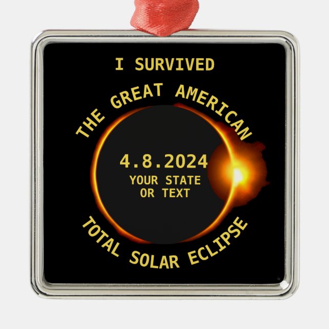 Ornement Carré Argenté I Survived Total Solar Eclipse 4.8.2024 USA (Devant)