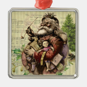 Ornement Carré Argenté Illustration classique de l'arbre du Père Noël joy