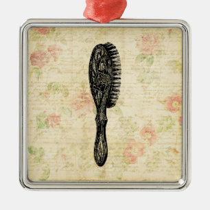Ornement Carré Argenté Illustration Classique Femme Cheveux Brush Floral
