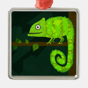 Ornement Carré Argenté Illustration de caméléon vert mignon Reptile tropi