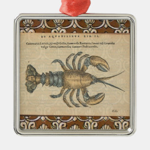 Ornement Carré Argenté Illustration de homard, fruits de mer du Maine