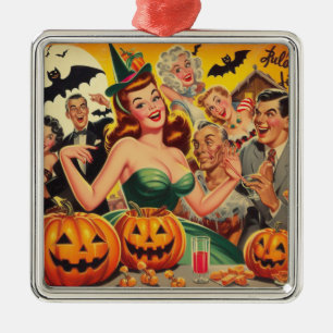 Ornement Carré Argenté Illustration d'Halloween vintage