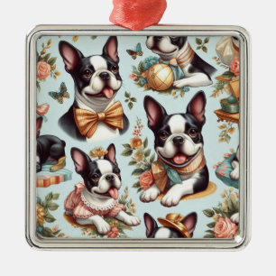 Ornement Carré Argenté Illustration du Terrier Vintage de Boston