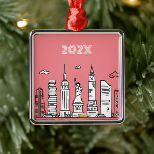 Ornement Carré Argenté Illustration Fantaisiste de la Skyline de New York