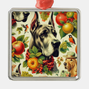 Ornement Carré Argenté Illustration vintage de chien gibier
