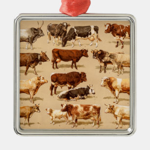 Ornement Carré Argenté Illustration vintage de ferme de vaches laitières