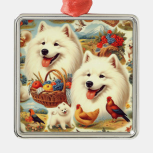 Ornement Carré Argenté Illustration vintage Samoyed Dog