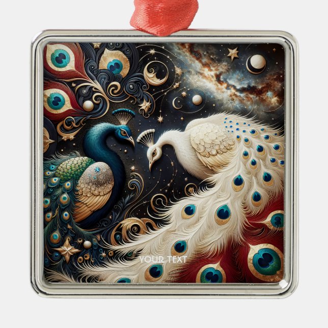 Ornement Carré Argenté Imaginaire Cute Peacocks Crescent Plumes (Devant)