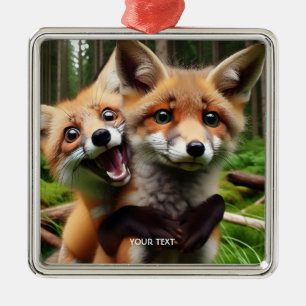 Ornement Carré Argenté Imaginaire Mignonne Forêt de Deux Foxes