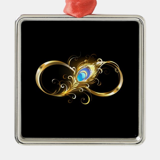 Ornement Carré Argenté Infinité avec plume de paon doré (Devant)