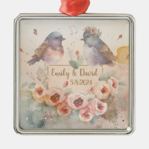 Ornement Carré Argenté Inséparables aquarelle avec roses pour mariage