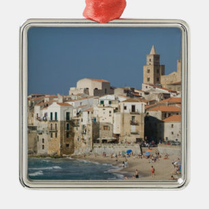 Ornement Carré Argenté Italie, Sicile, Cefalu, vue de la ville avec Duomo