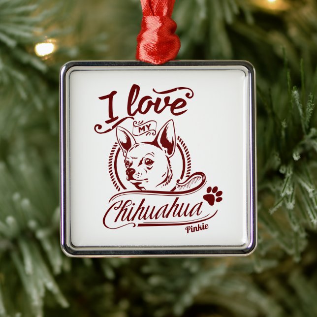 Ornement Carré Argenté J'aime mon Noël Chihuahua (Arbre)