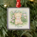 Ornement Carré Argenté Jardin de l'ours<br><div class="desc">Adorable aquarelle de style vintage illustrant un ours en peluche dans un jardin fleuri.</div>