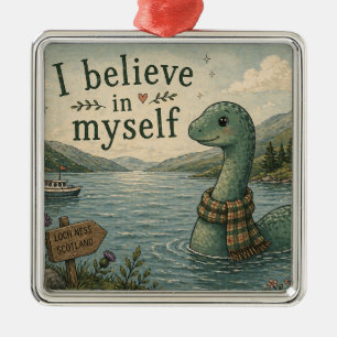 Ornement Carré Argenté Je crois en moi-même Loch Ness Monster fantaisiste