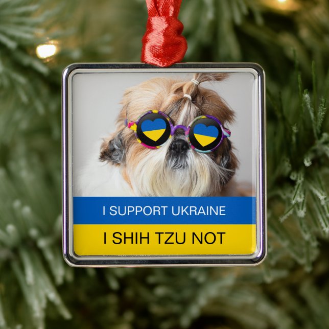 Ornement Carré Argenté Je soutiens l'Ukraine Je Shih Tzu Pas de drapeau d (Arbre)