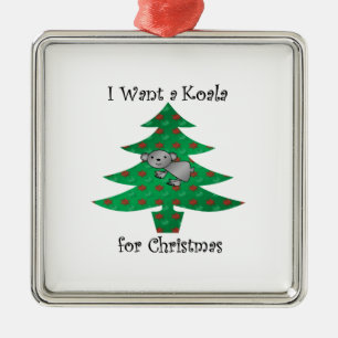 Ornement Carré Argenté Je veux un koala pour Noël