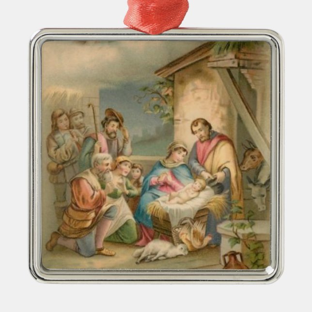 Ornement Carré Argenté Jésus dans Manger (Devant)