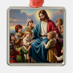 Ornement Carré Argenté Jésus entouré d'enfants