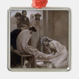 Ornement Carré Argenté Jésus Lave les pieds de ses disciples