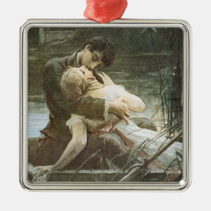 Ornement Carré Argenté Jeune couple amoureux (baiser en bateau) (Romance)