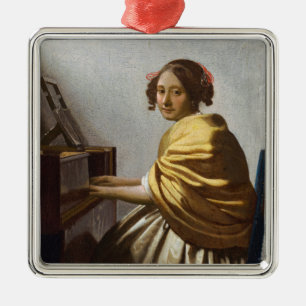 Ornement Carré Argenté Johannes Vermeer - Jeune femme assise à Virginal