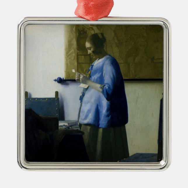Ornement Carré Argenté Johannes Vermeer - Une femme en bleu lisant une le (Devant)
