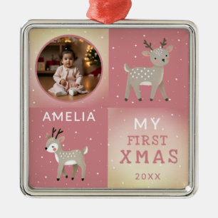 Ornement Carré Argenté Joli bébé personnalisé photo renne Noël