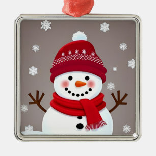 Ornement Carré Argenté Joli bonhomme de neige avec écharpe rouge
