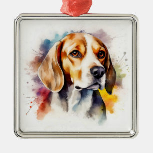 ORNEMENT CARRÉ ARGENTÉ JOLI CHIEN DE CHASSE BEAGLE A L'AQUARELLE