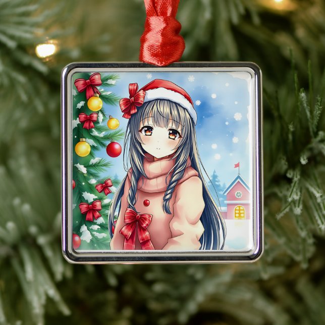 Ornement Carré Argenté Joli Festive Anime Fille Noël (Arbre)