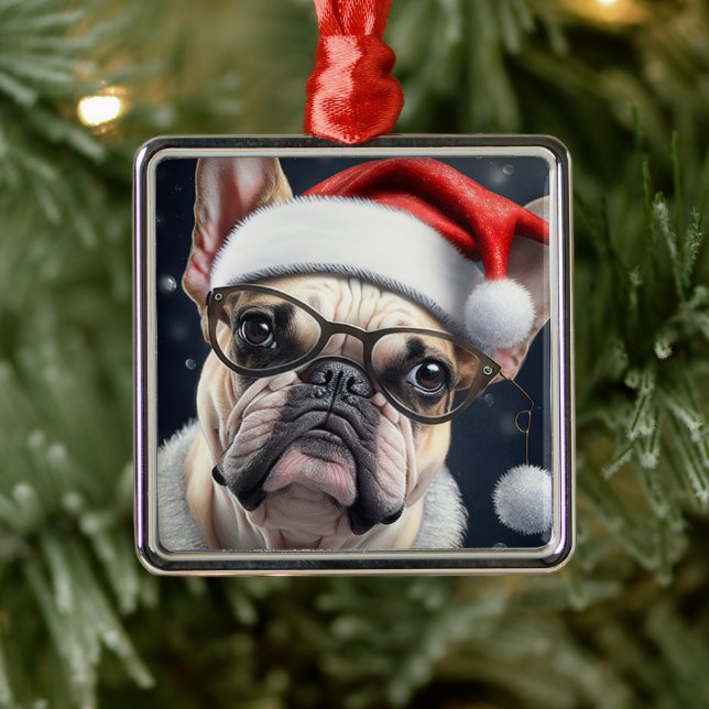 Ornement Carré Argenté Joli French Bulldog Père Noël Noël Conception (Arbre)