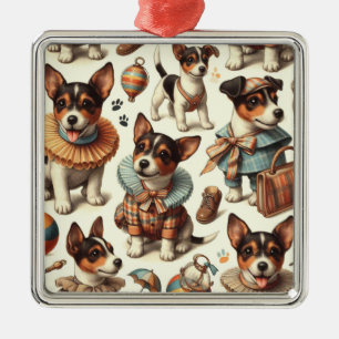 Ornement Carré Argenté Joli Jouet Vintage Fox Terrier sans couture