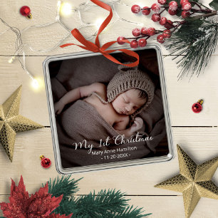 Ornement Carré Argenté Joli Ma première Noël Nouveau-né Photo de bébé