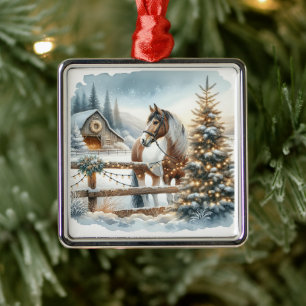 Ornement Carré Argenté Joli Noël festif de Cheval Brown et Blanc