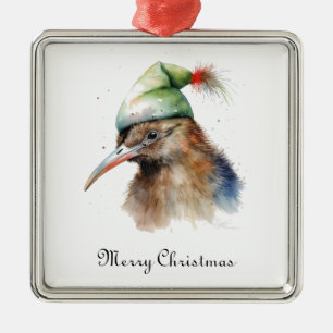 Ornement Carré Argenté Joli oiseau Kiwi avec un chapeau d'elfe de Noël, p