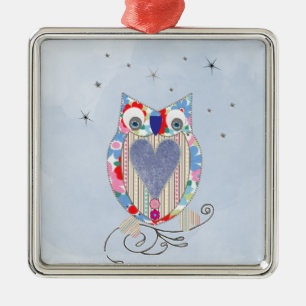 Ornement Carré Argenté Joli tableau de Chouette Bleu Rose Whimsical Fleur