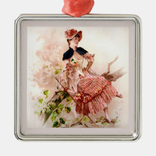 Ornement Carré Argenté Jolie dame vintage en robe rose