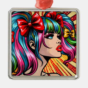 Ornement Carré Argenté Jolie fille de bande dessinée pop art avec des rub