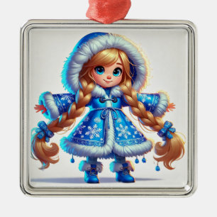 Ornement Carré Argenté Jolie fille de neige en manteau bleu