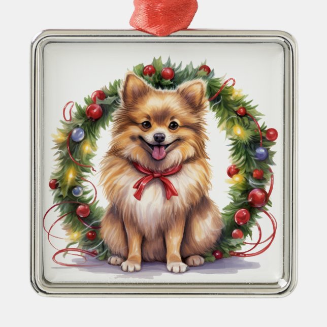 ORNEMENT CARRÉ ARGENTÉ JOLIE NOËL VACANCES POMERANIENS CHIEN & WREATH (Devant)