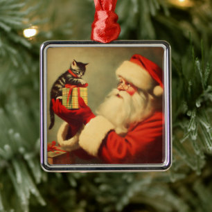 Ornement Carré Argenté Jolie Père Noël Retro avec Kitten Illustration